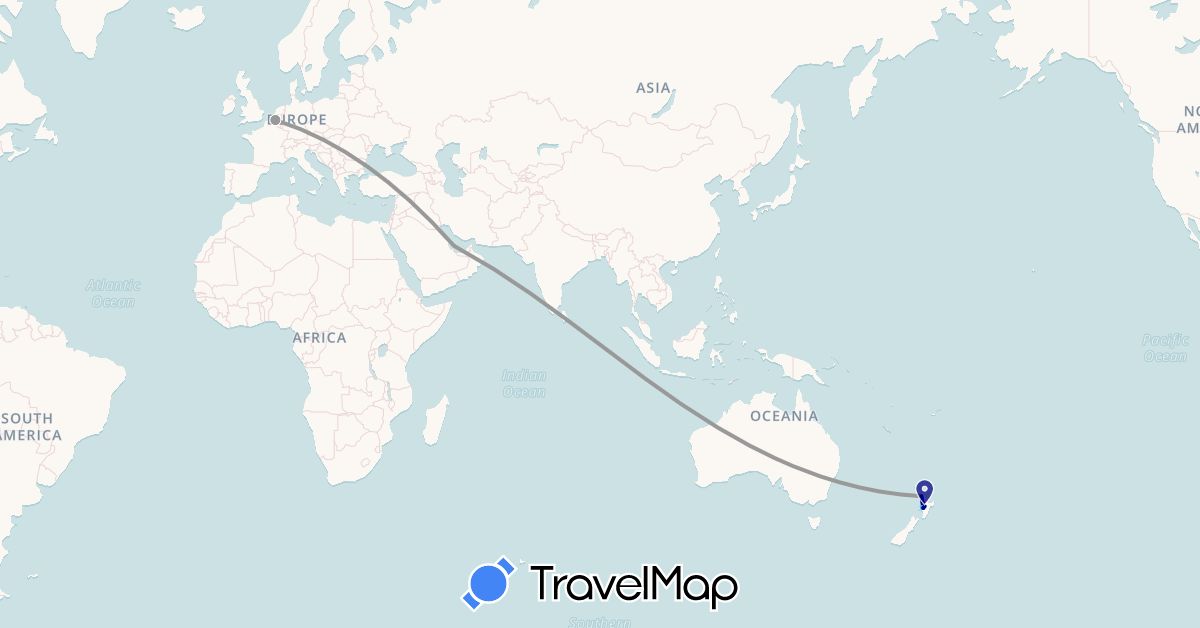 TravelMap itinerary: driving, plane, boat in Belgium, New Zealand, Qatar (Asia, Europe, Oceania)